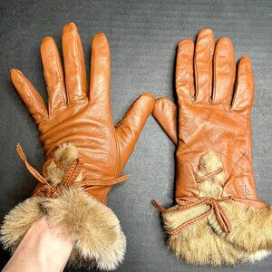 Vintage Lauren Ralph Lauren Leather Gloves Medium Brown Faux Fur Fleece Lined